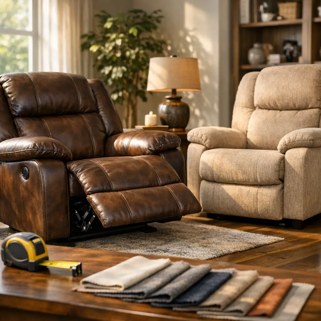Poltrona do papai: como escolher a ideal, duas poltronas reclináveis e amostras de tecido na mesa