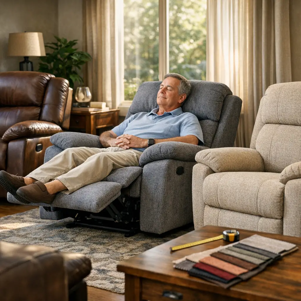 Poltrona do papai: como escolher a ideal, homem relaxando em poltrona reclinável cinza na sala