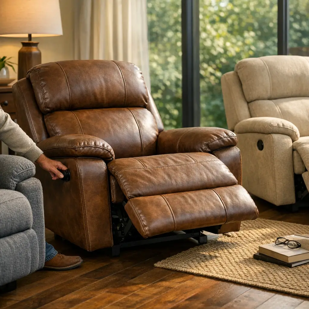 Poltrona do papai: como escolher a ideal, poltrona reclinável marrom com apoio aberto e mão no botão