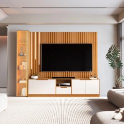 Rack Com Painel Tucuma Ripado 2 3 Sem Prateleira 1 Torre Com Led Cascata 5 Portas 1 Gaveta Jb Bechara 19433