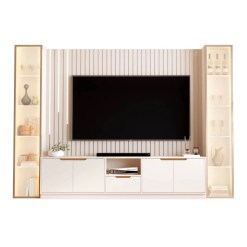 Rack Com Painel Tucuma Ripado 2 3 Sem Prateleira 2 Torres Com Led Cascata 6 Portas 1 Gaveta Jb Bechara Off White 83175