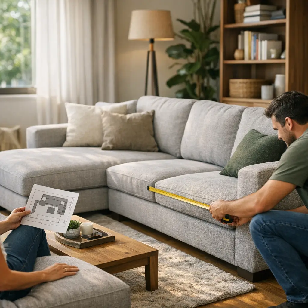 Sofá com chaise: como escolher lado e tamanho, homem medindo com trena e planta na mão