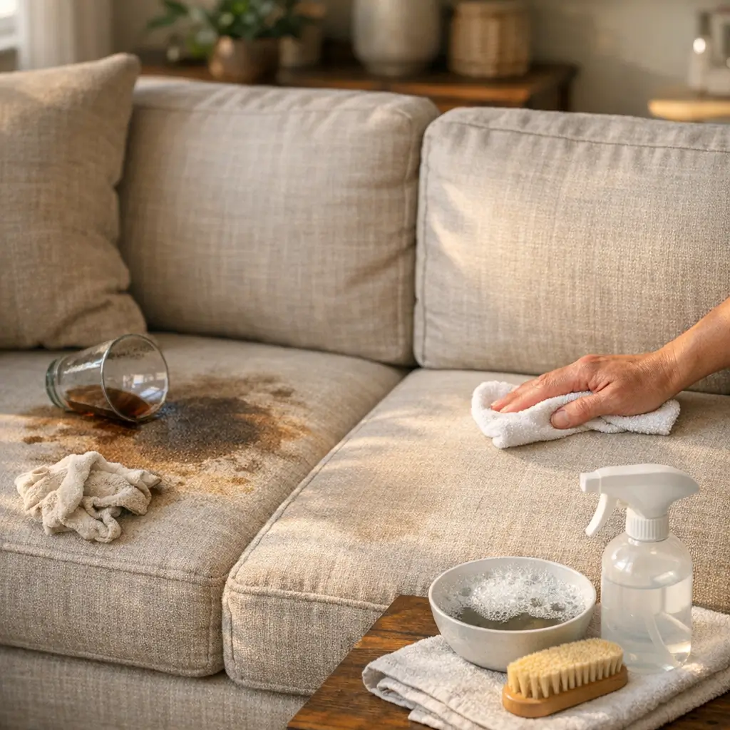 Sofá de linho: como limpar sem manchar, café derramado e pano secando o assento