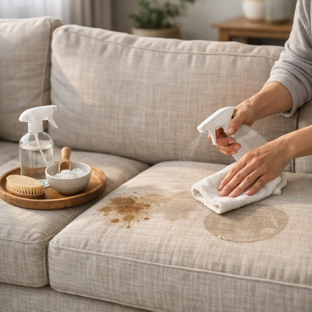 Sofá de linho: como limpar sem manchar, spray e pano na mancha do assento