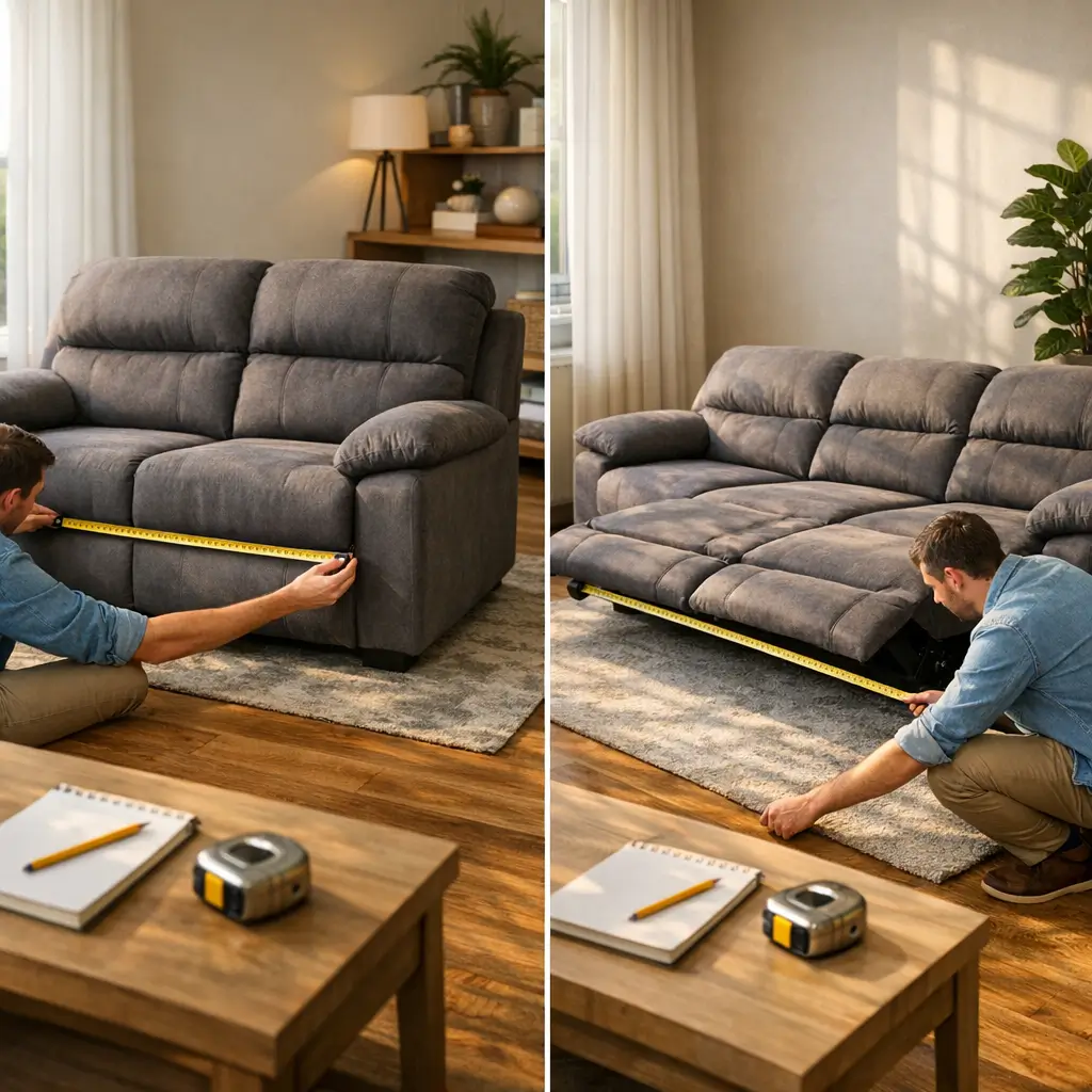Sofá retrátil e reclinável: como medir certo com fita métrica na profundidade, fechado e aberto