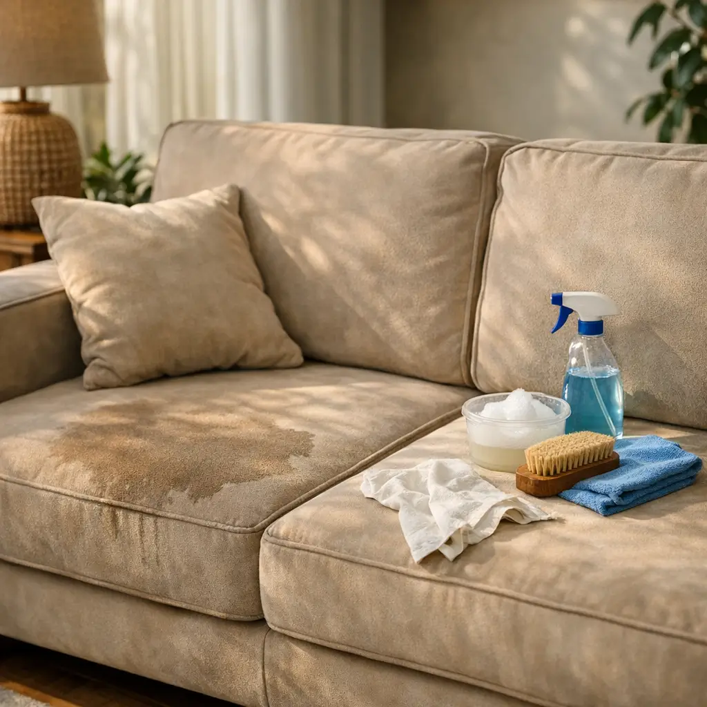 Sofá suede: suja muito? Como limpar sem manchar, sofá bege manchado com spray, escova e panos