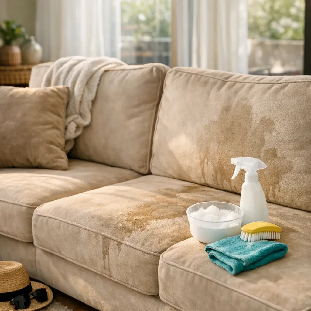Sofá suede: suja muito? Como limpar sem manchar, sofá claro manchado com borrifador, escova e pano