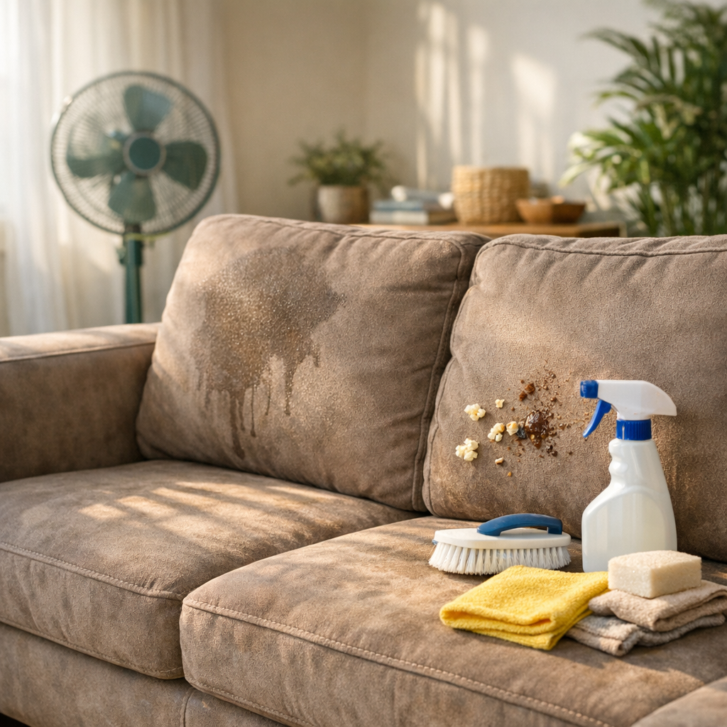 Sofá suede: suja muito? Como limpar sem manchar, sofá manchado com spray, escova e panos