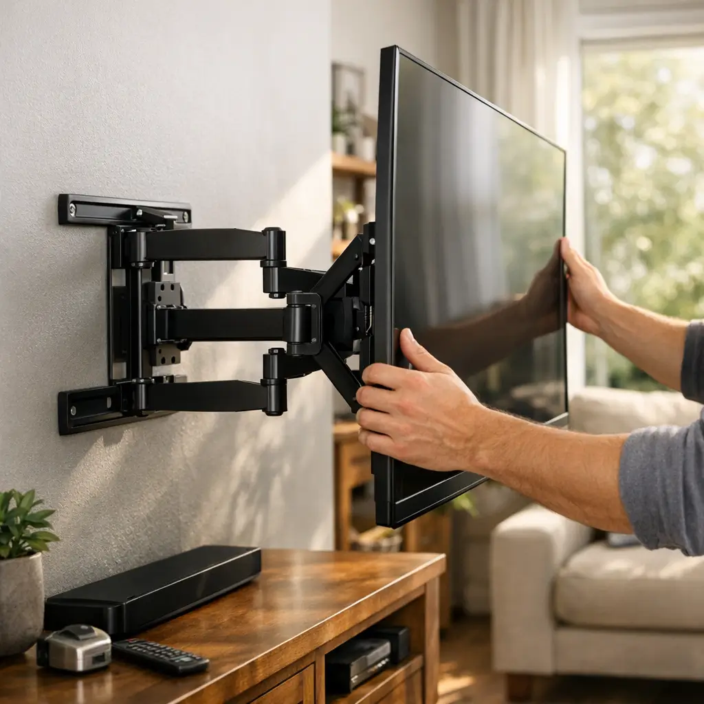 Suporte articulado para TV: como escolher o modelo certo, mãos ajustando TV no suporte de parede