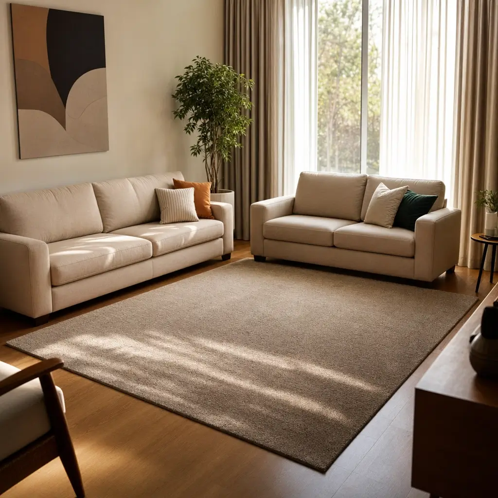 Tapete para sala: tamanho ideal pro seu sofá, dois sofás bege e tapete grande na sala