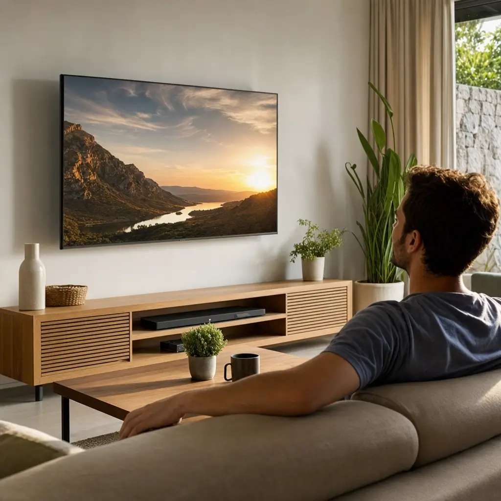Altura ideal da TV na parede: qual a melhor altura? homem no sofá vendo TV na parede acima do rack