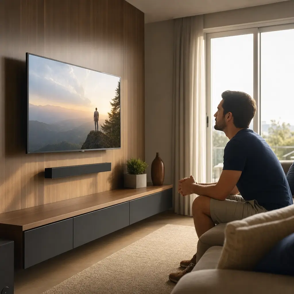 Altura ideal da TV na parede: qual a melhor altura? homem no sofá vendo TV na parede acima do rack
