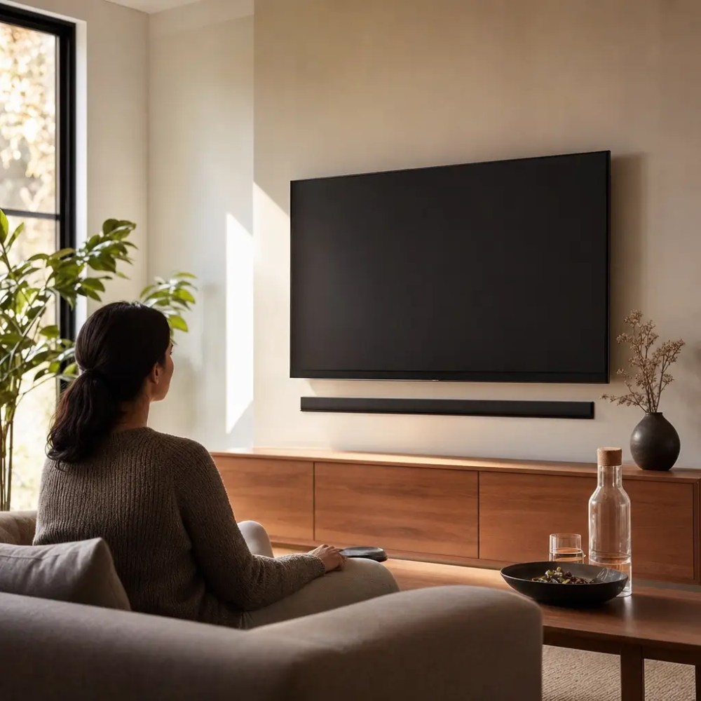 Altura ideal da TV na parede: qual a melhor altura? mulher no sofá vendo TV na parede acima do rack