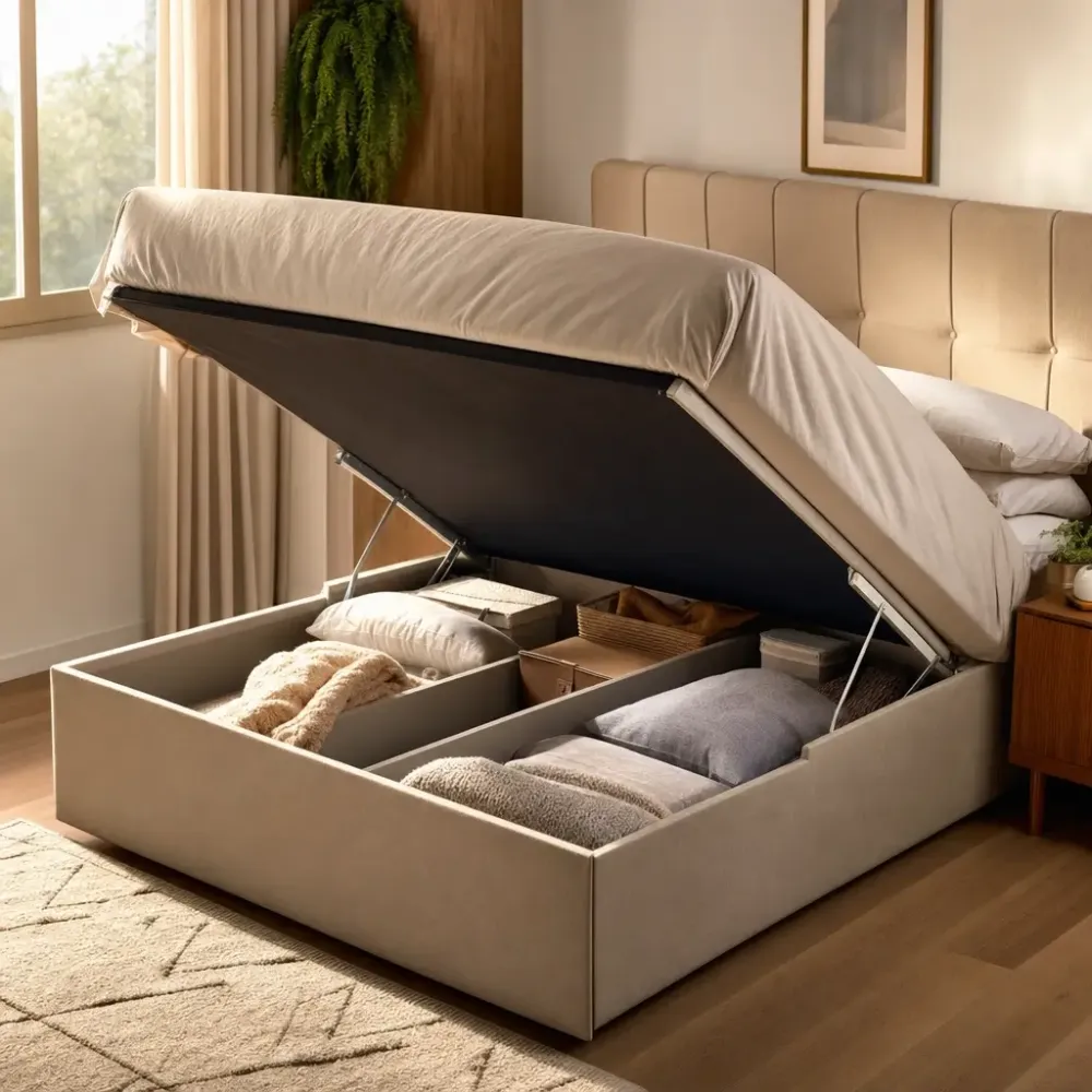 Cama box baú vale a pena: prós e contras, baú aberto com roupas de cama