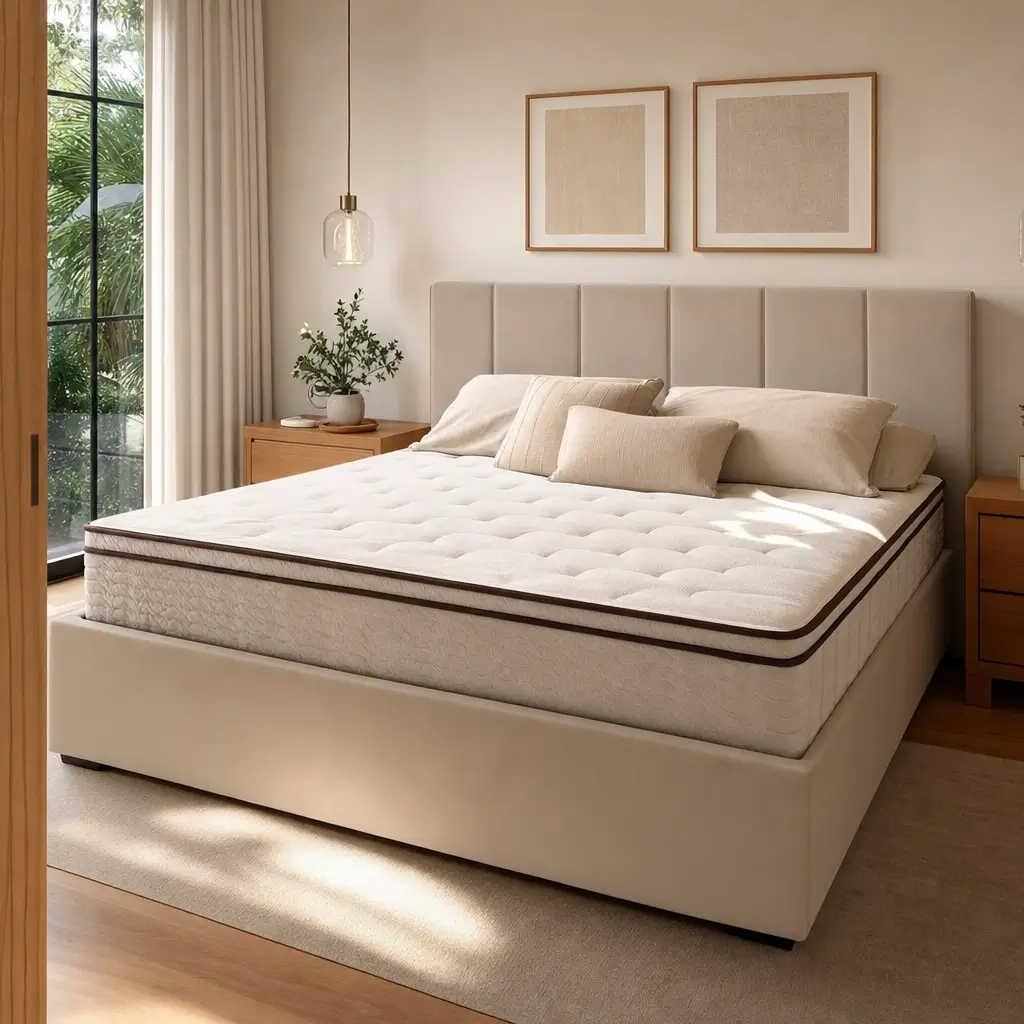 Cama queen: medidas e espaço mínimo no quarto, cama box com cabeceira e criados-mudos no quarto claro