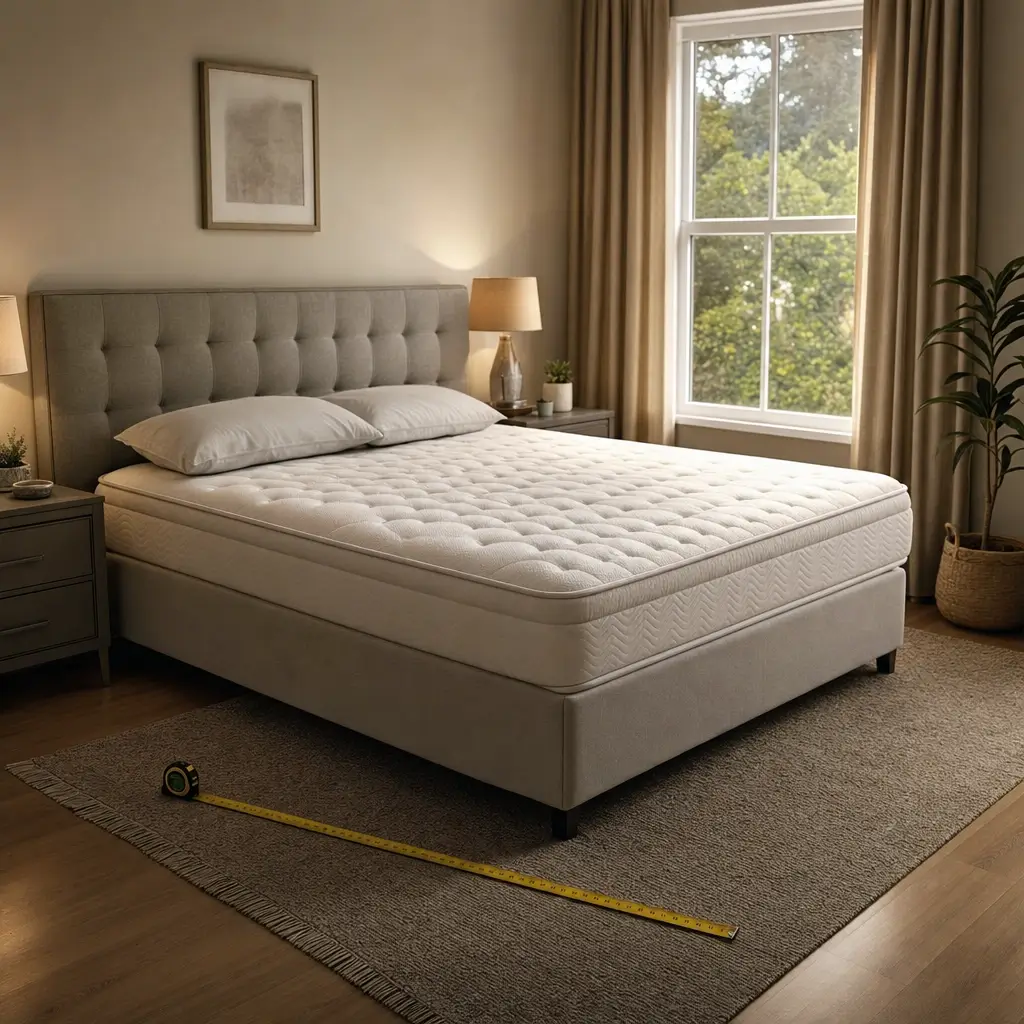 Cama queen: medidas e espaço mínimo no quarto, cama box com fita métrica no tapete