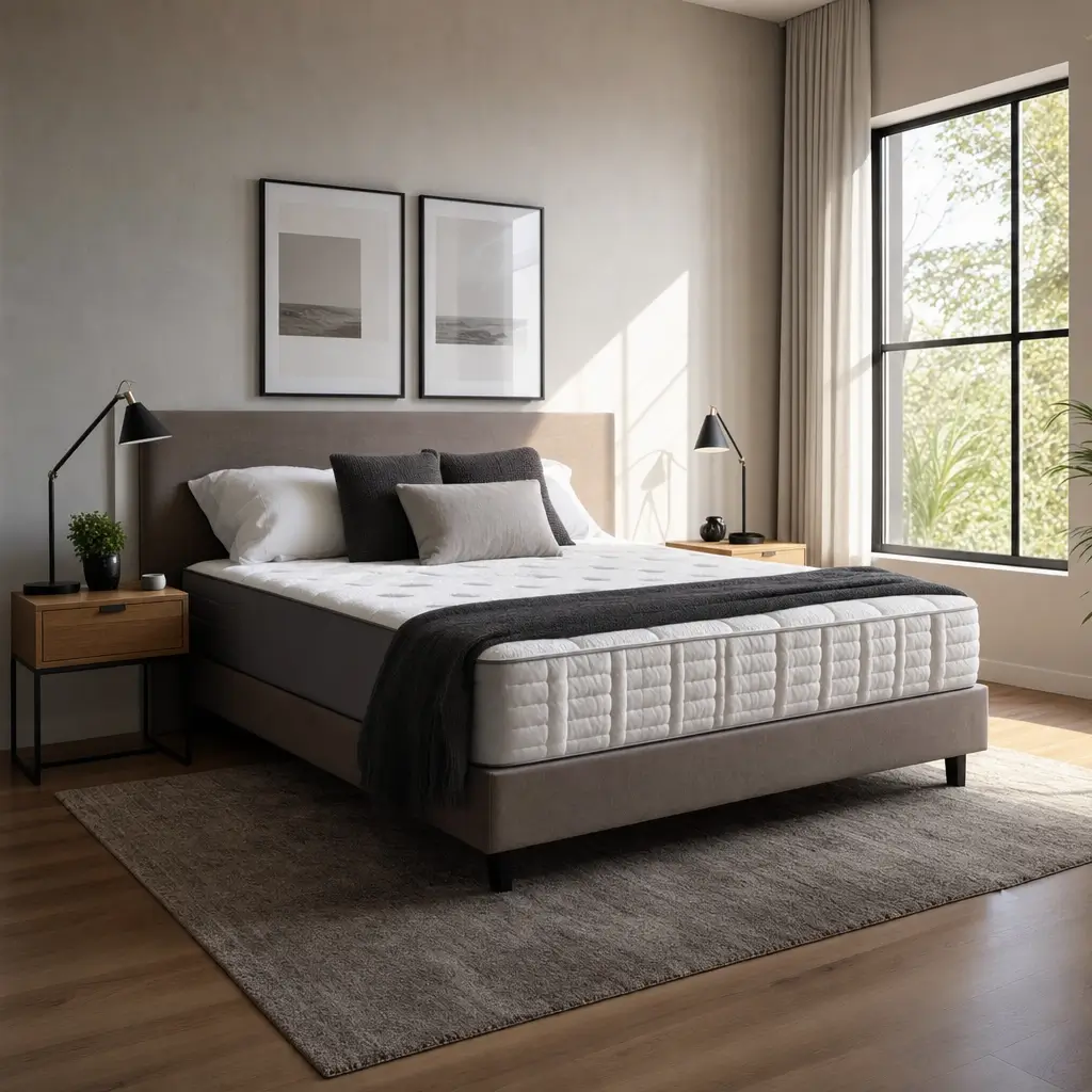 Cama queen: medidas e espaço mínimo no quarto, cama cinza com criados-mudos e janela grande