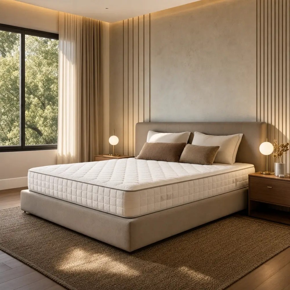 Cama queen: medidas e espaço mínimo no quarto, cama estofada e criados-mudos em quarto moderno