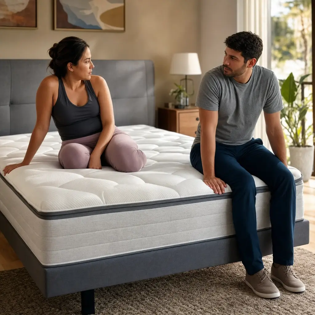 Colchão para casal com pesos diferentes: como escolher, casal sentado na cama olhando um para o outro