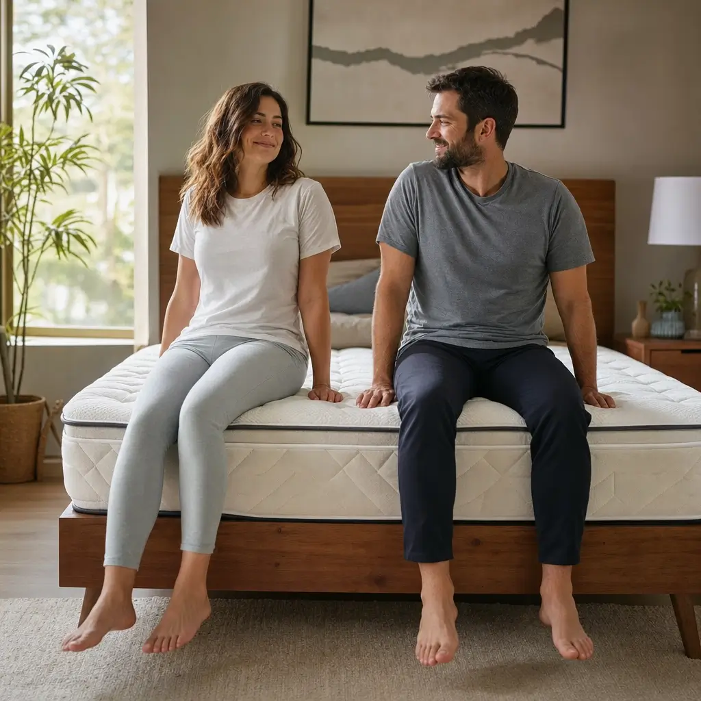 Colchão para casal com pesos diferentes: como escolher, casal sentado na cama sorrindo