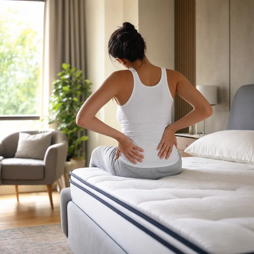 Colchão para dor nas costas: como escolher firmeza, mulher sentada na cama segurando a lombar