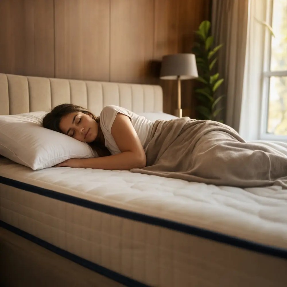 Colchão para quem dorme de lado: como escolher, mulher dormindo de lado na cama