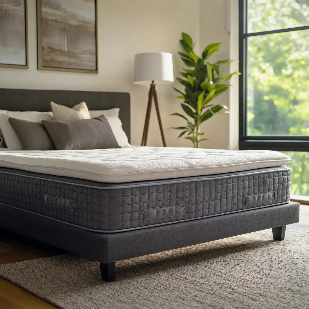 Colchão pillow top: vale a pena ou é marketing? cama box cinza com colchão, abajur, planta e janela grande