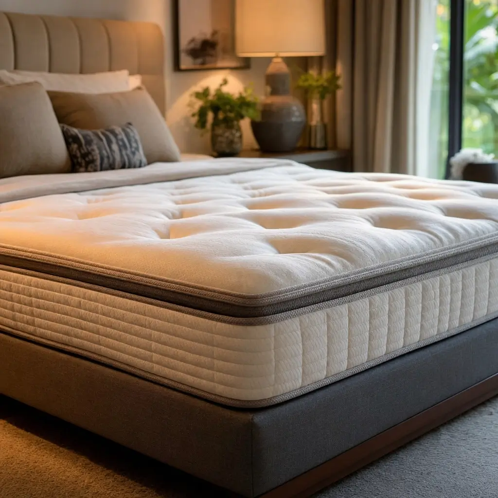 Colchão pillow top: vale a pena ou é marketing? close do colchão na cama box com cabeceira e abajur