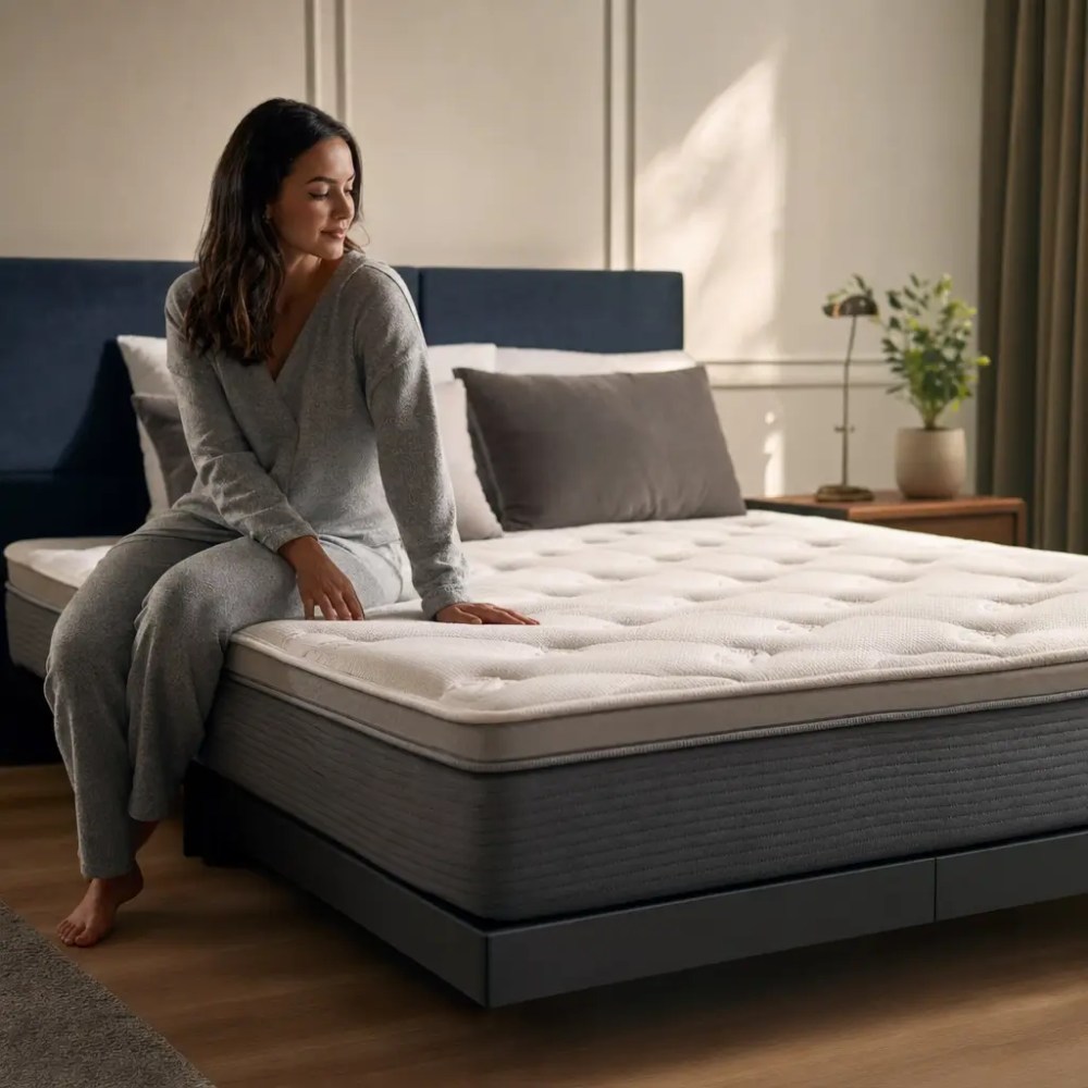 Colchão pillow top: vale a pena ou é marketing? mulher sentada na cama box branca