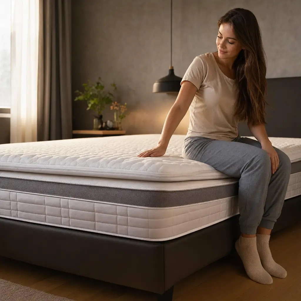 Colchão pillow top: vale a pena ou é marketing? mulher sentada testando colchão na cama box