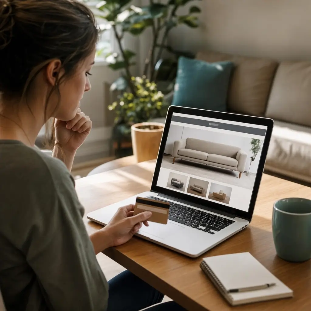 Como comprar móveis online com segurança: dicas rápidas, mulher com cartão, notebook com sofá na tela, caneca e caderno na mesa