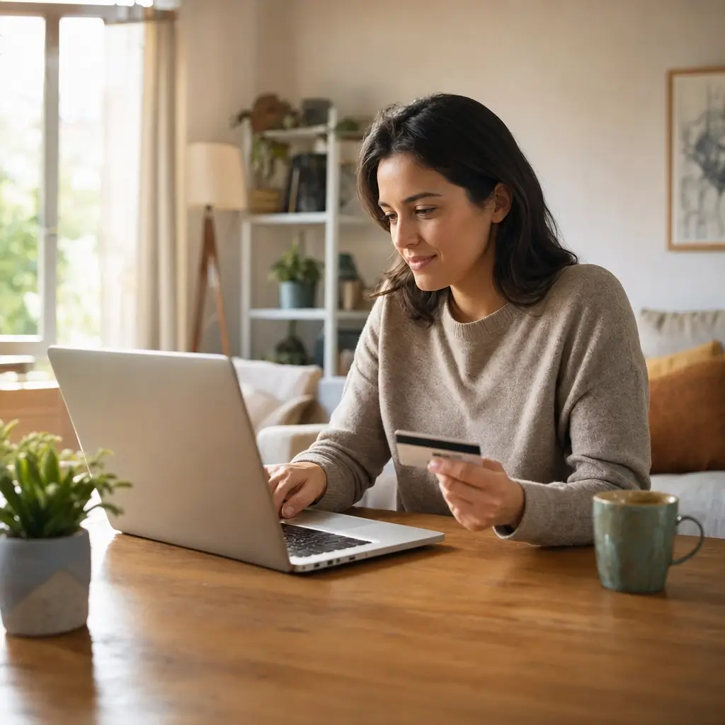 Como comprar móveis online com segurança: dicas rápidas, mulher no notebook com cartão na mão e caneca na mesa