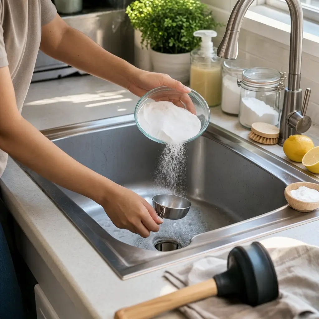 Como desentupir pia da cozinha sem gastar, bicarbonato no ralo da pia com desentupidor e limão