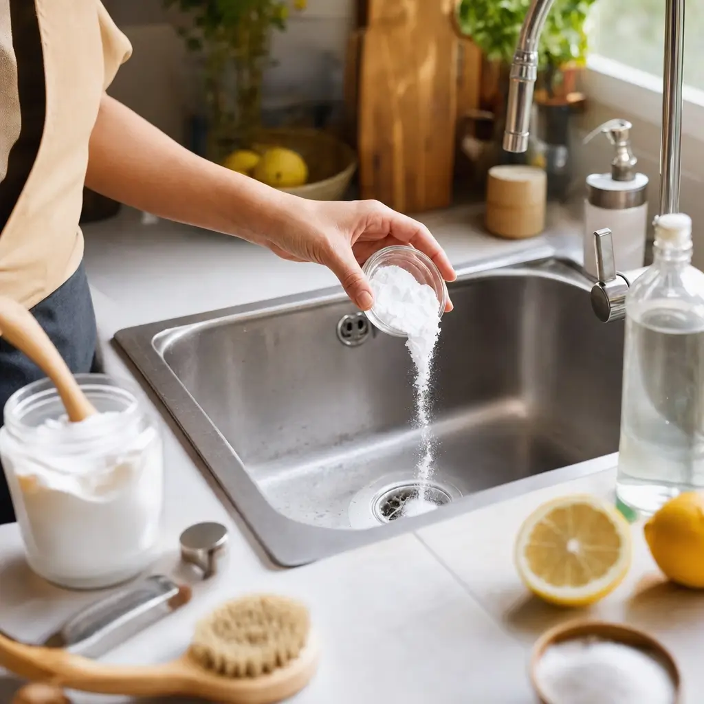 Como desentupir pia da cozinha sem gastar, bicarbonato no ralo da pia com limão e vinagre