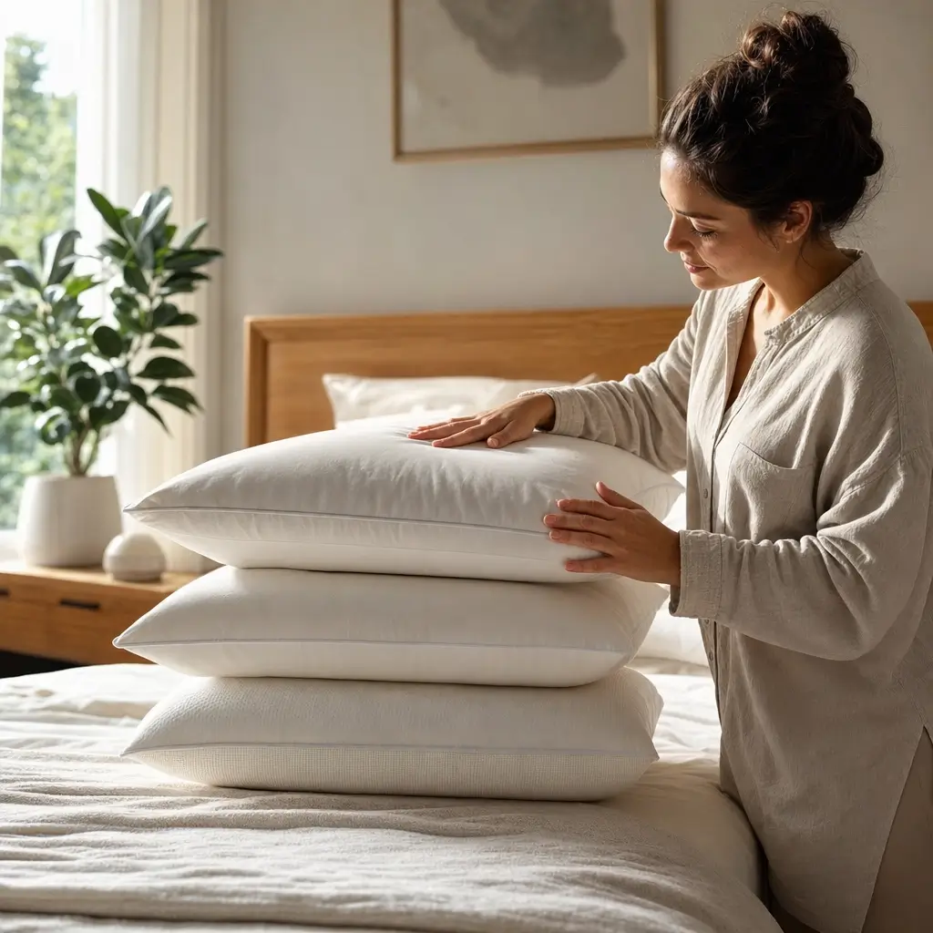 Como escolher travesseiro ideal: altura e firmeza, mulher ajustando 3 travesseiros na cama