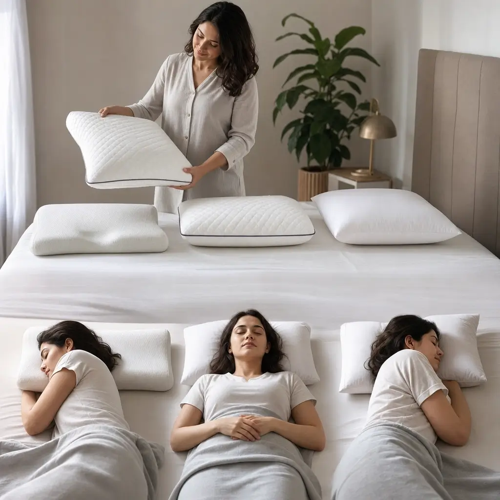 Como escolher travesseiro ideal: altura e firmeza, mulher testando travesseiros e posições de dormir