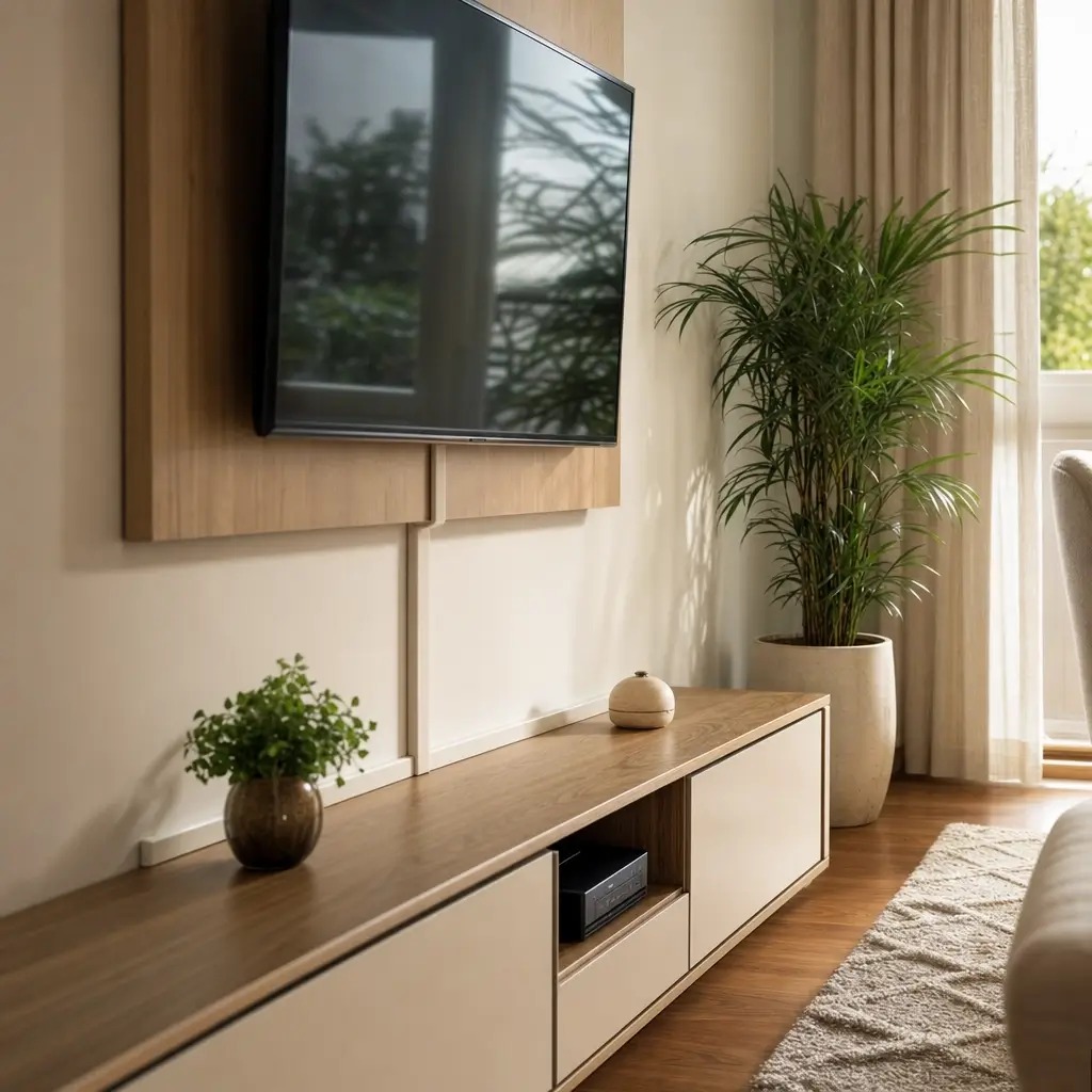 Como esconder fios da TV: jeitos fáceis e baratos com TV no painel de madeira, canaleta branca e rack com plantas
