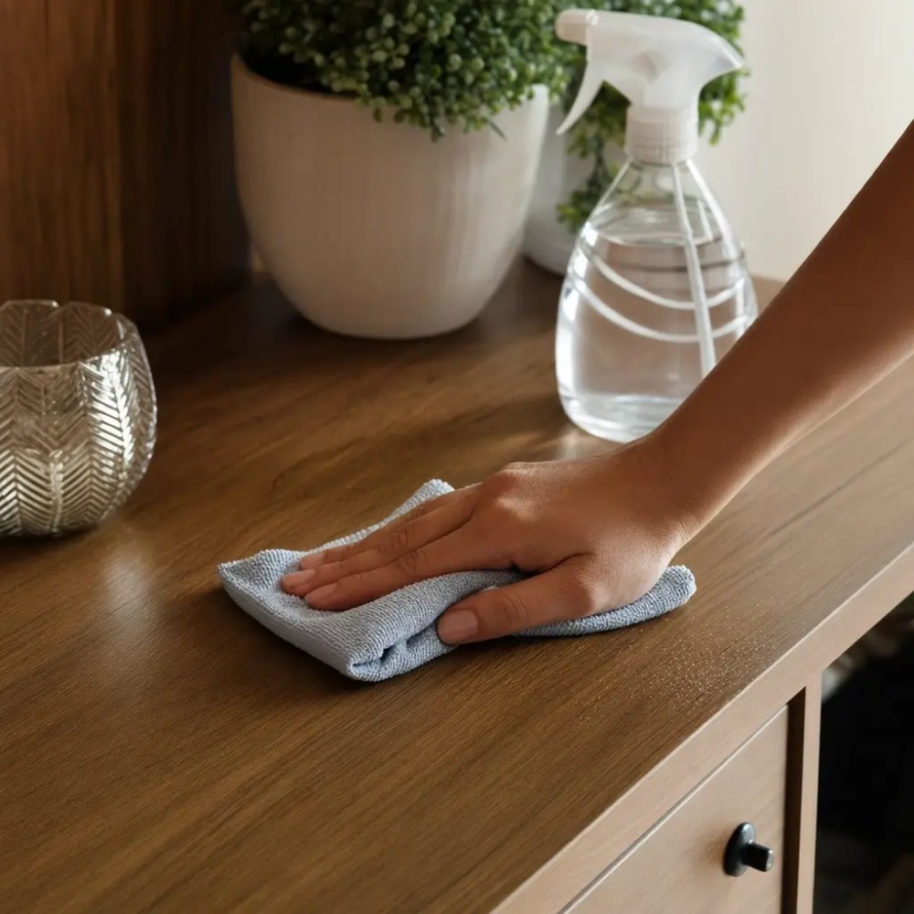 Como limpar móveis de MDF sem manchar, mão limpando tampo com pano e spray