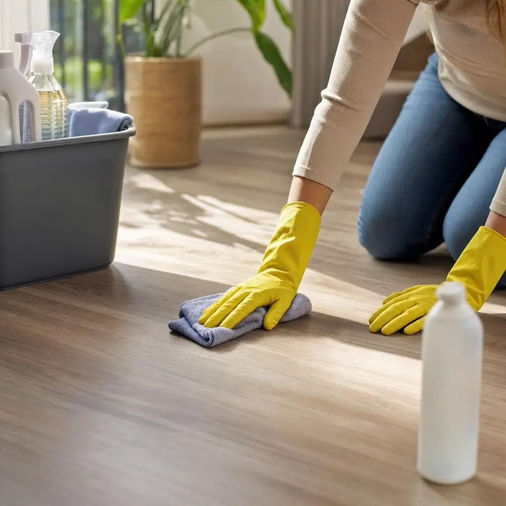 Como limpar piso vinílico sem estragar o revestimento, luvas amarelas limpando o chão com pano, balde e produtos ao fundo
