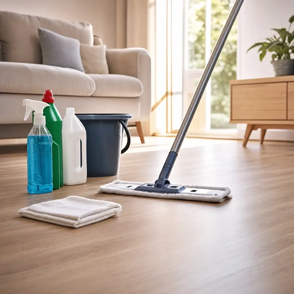 Como limpar piso vinílico sem estragar o revestimento, mop no chão, balde, panos e produtos de limpeza na sala