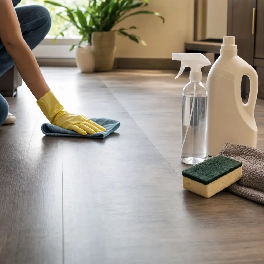 Como limpar piso vinílico sem estragar o revestimento, pano e luva no chão, borrifador e produtos de limpeza ao lado