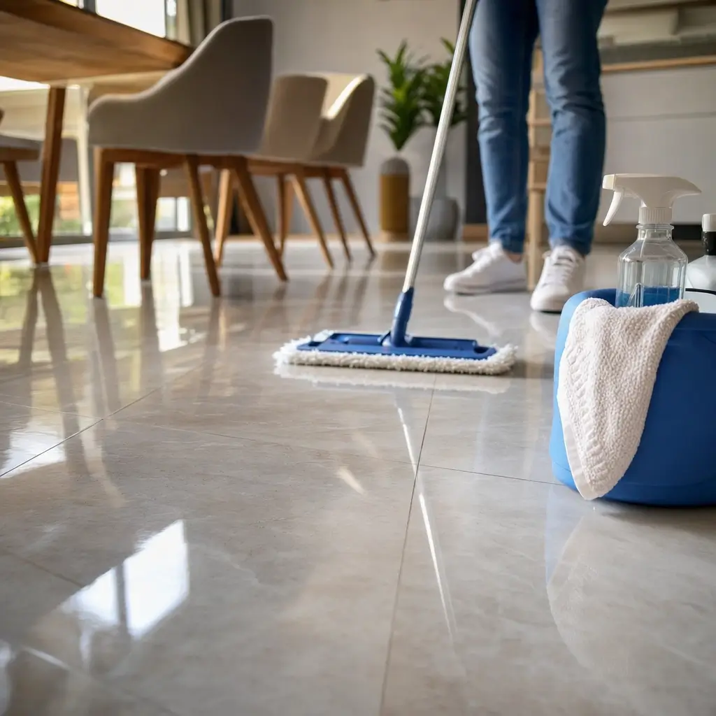 Como limpar porcelanato e não deixar manchado: mop no piso brilhante, spray e pano