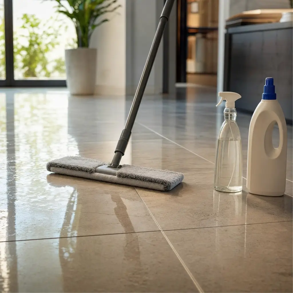 Como limpar porcelanato e não deixar manchado: mop no piso, frasco spray e detergente ao lado