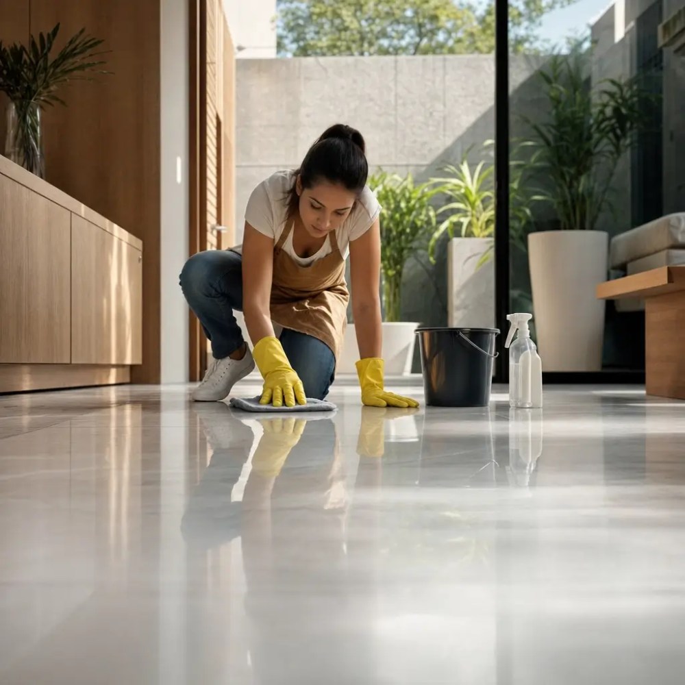 Como limpar porcelanato e não deixar manchado: mulher limpando piso com pano, balde e spray