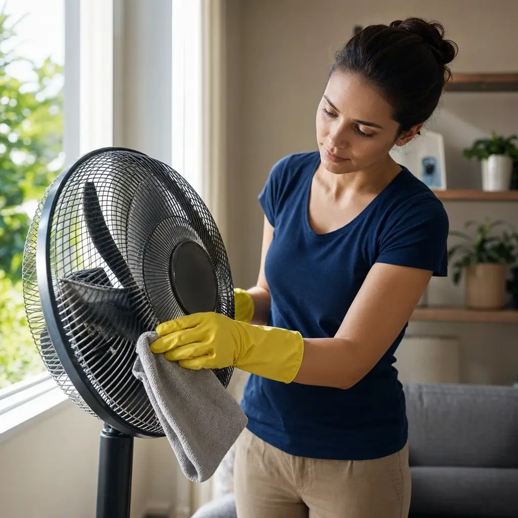 Como limpar ventilador sem espalhar poeira: mulher de luvas limpando ventilador com pano