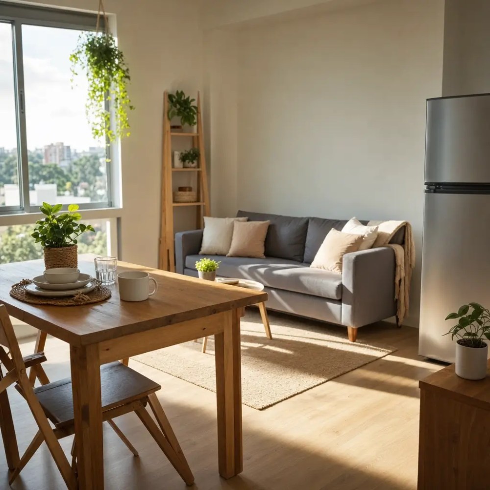 Como mobiliar casa gastando pouco: essenciais, mesa de madeira, sofá cinza, plantas e geladeira