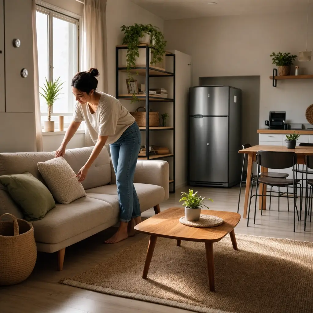 Como mobiliar casa gastando pouco: essenciais, mulher arrumando almofada no sofá, mesa de centro, plantas e cozinha