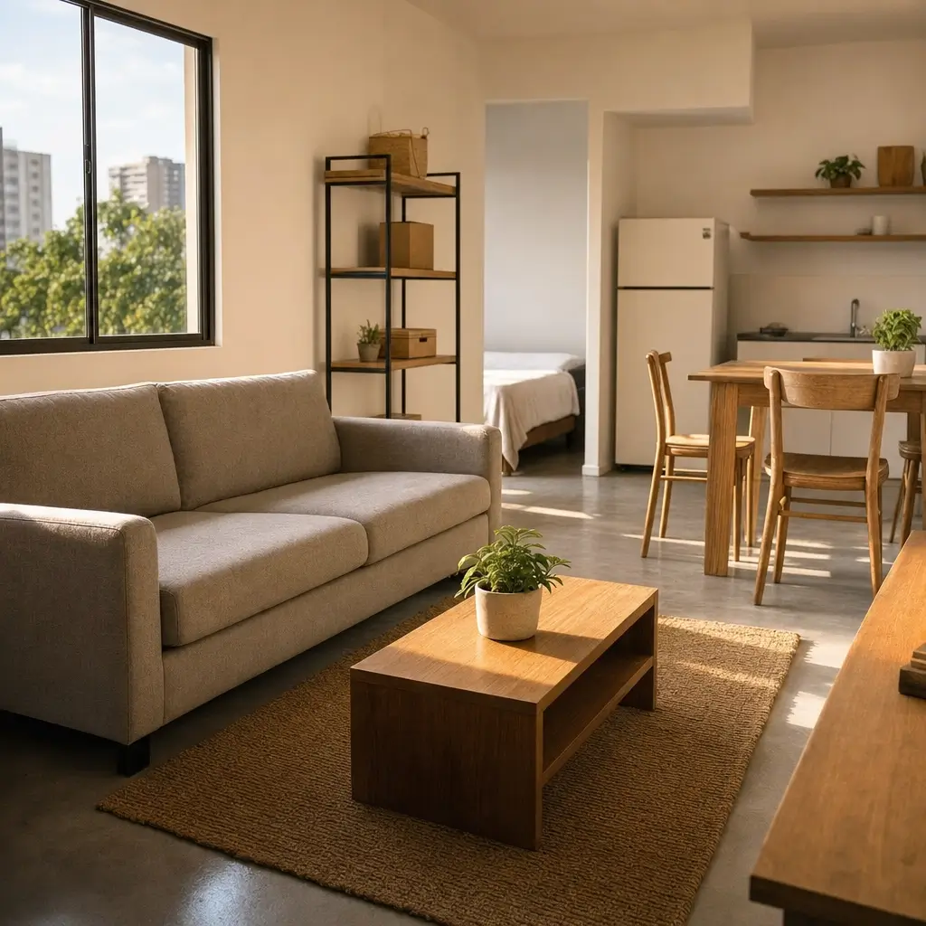 Como mobiliar casa gastando pouco: essenciais, sofá bege, mesa de centro, mesa de jantar e geladeira