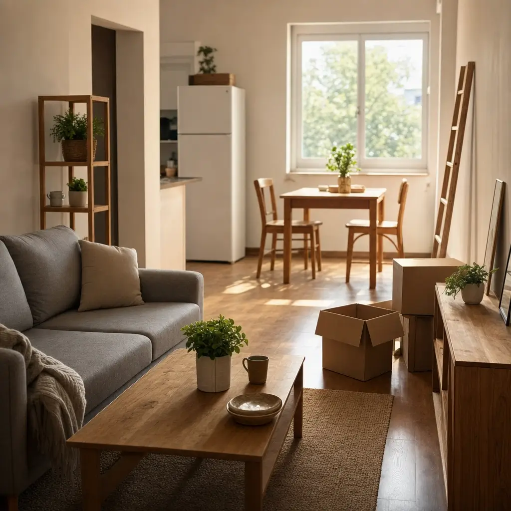Como mobiliar casa gastando pouco: essenciais, sofá cinza, mesa de centro, caixas, mesa de jantar e geladeira