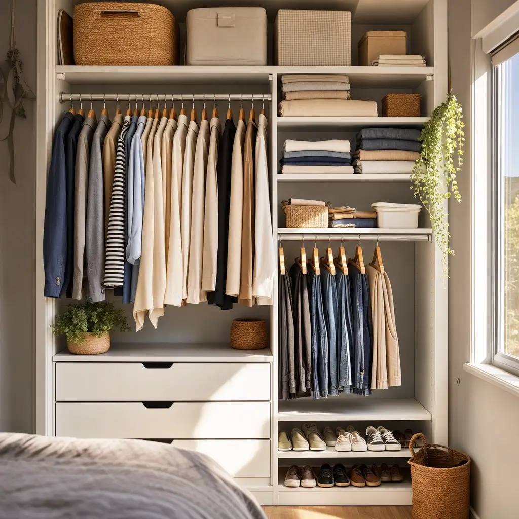 Como organizar guarda-roupa pequeno: cabe mais roupa com camisas no cabide, prateleiras e sapatos organizados